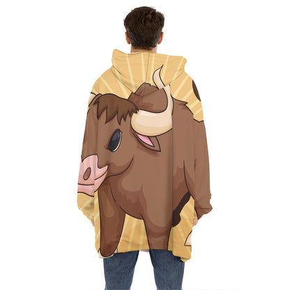 Cute Chinese Ox Zodiac Print Hoodie Blanket