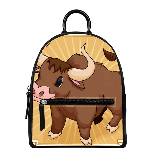 Cute Chinese Ox Zodiac Print Leather Backpack