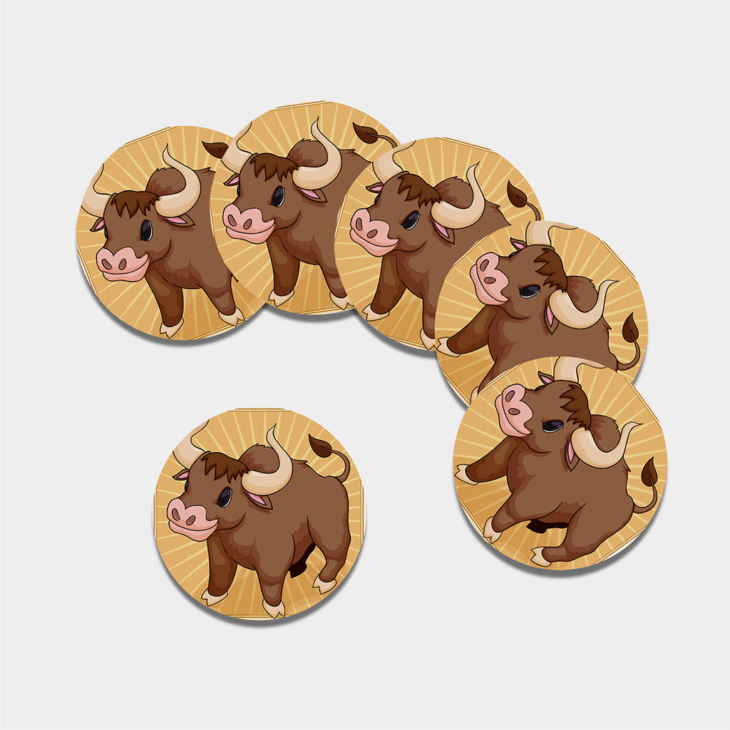 Cute Chinese Ox Zodiac Print Leather Coaster Set