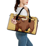 Cute Chinese Ox Zodiac Print Leather Duffle Bag