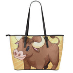 Cute Chinese Ox Zodiac Print Leather Tote Bag
