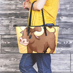 Cute Chinese Ox Zodiac Print Leather Tote Bag