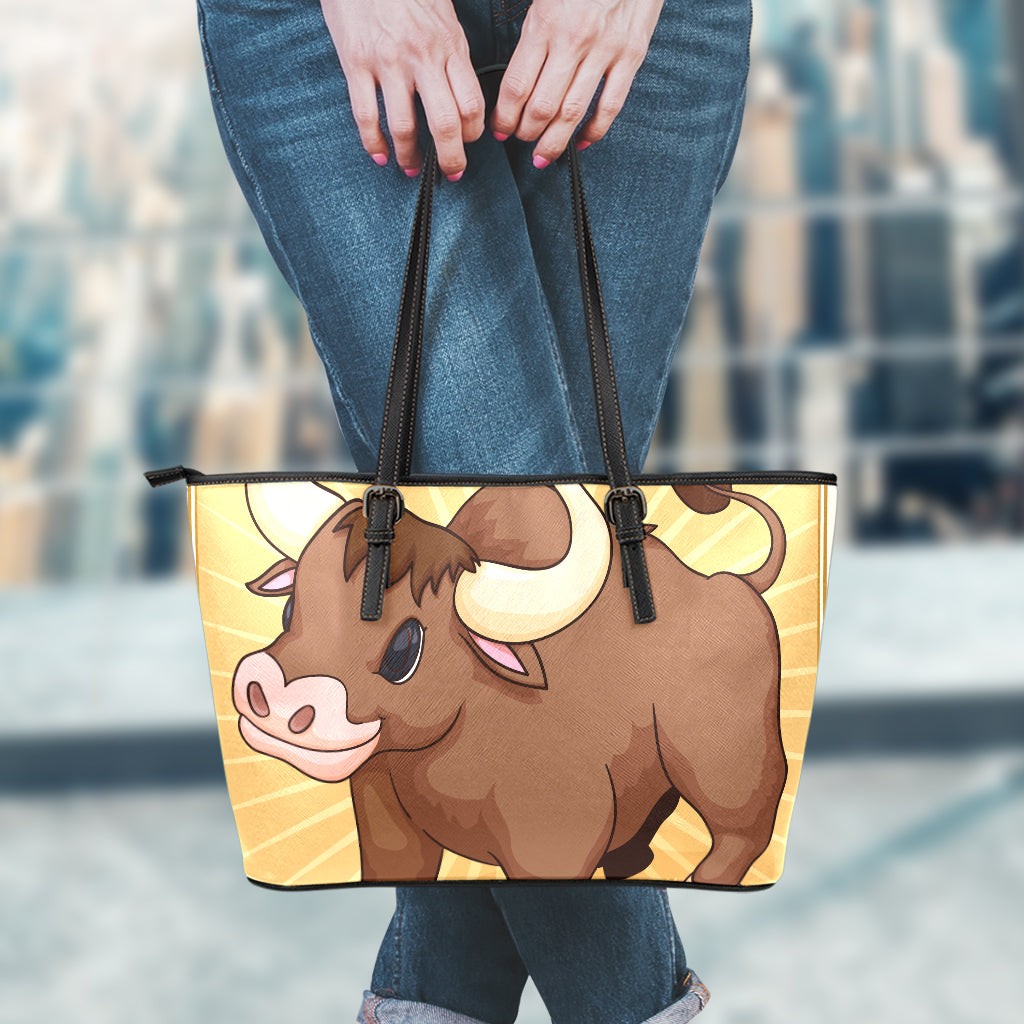 Cute Chinese Ox Zodiac Print Leather Tote Bag