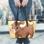 Cute Chinese Ox Zodiac Print Leather Tote Bag