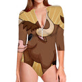 Cute Chinese Ox Zodiac Print Long Sleeve Swimsuit