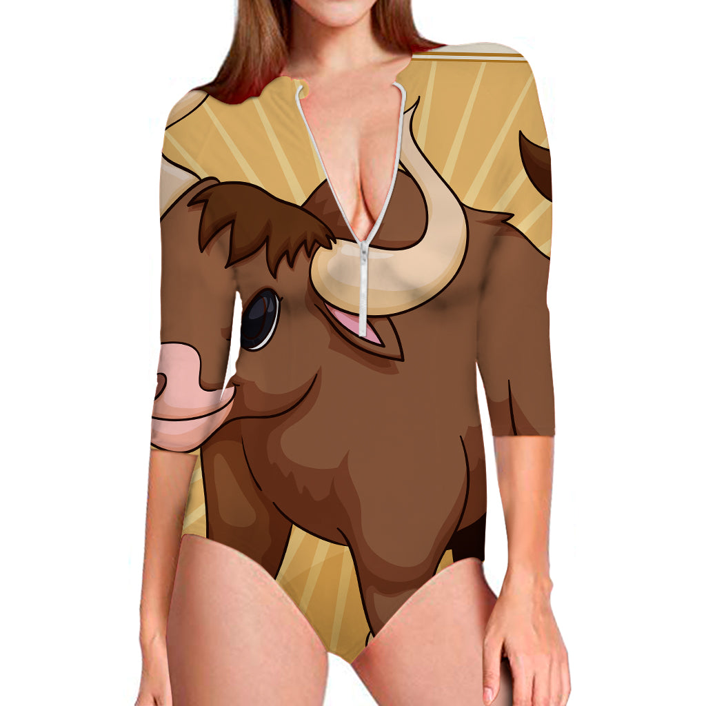 Cute Chinese Ox Zodiac Print Long Sleeve Swimsuit