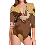 Cute Chinese Ox Zodiac Print Long Sleeve Swimsuit