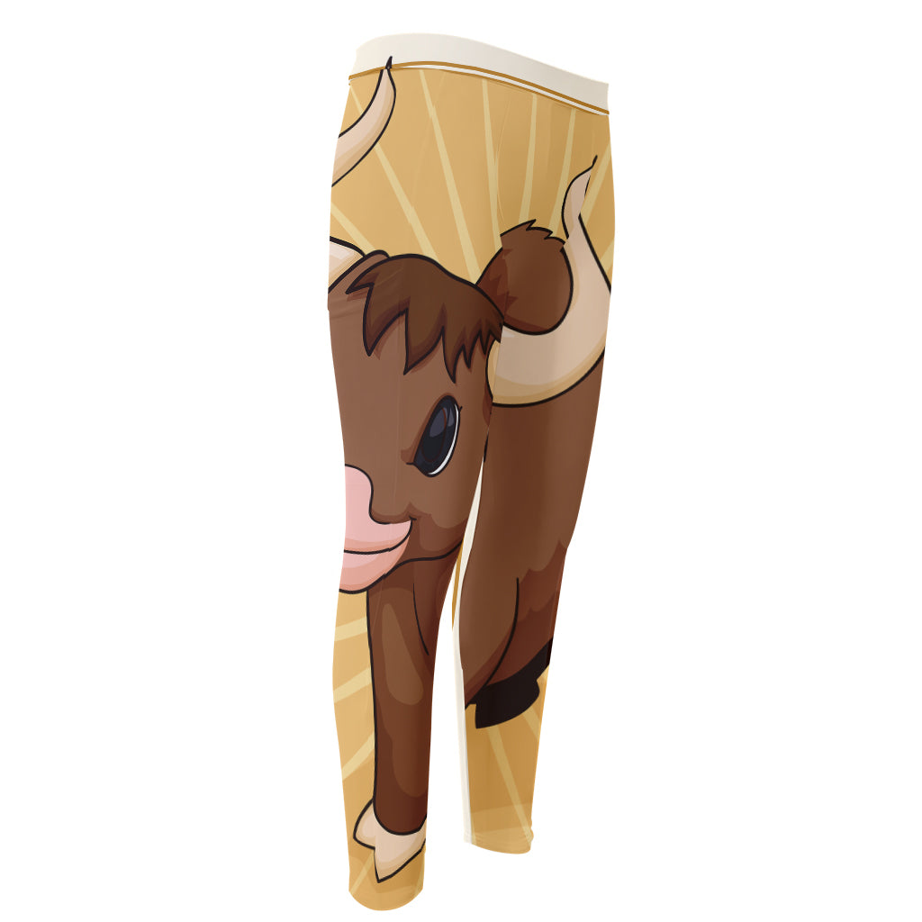 Cute Chinese Ox Zodiac Print Men's Compression Pants