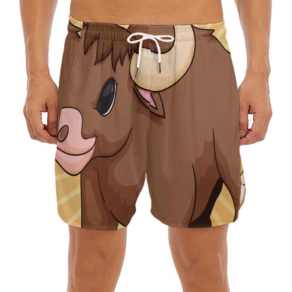 Cute Chinese Ox Zodiac Print Men's Split Running Shorts