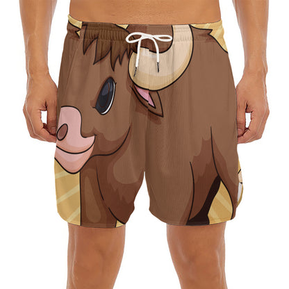 Cute Chinese Ox Zodiac Print Men's Split Running Shorts