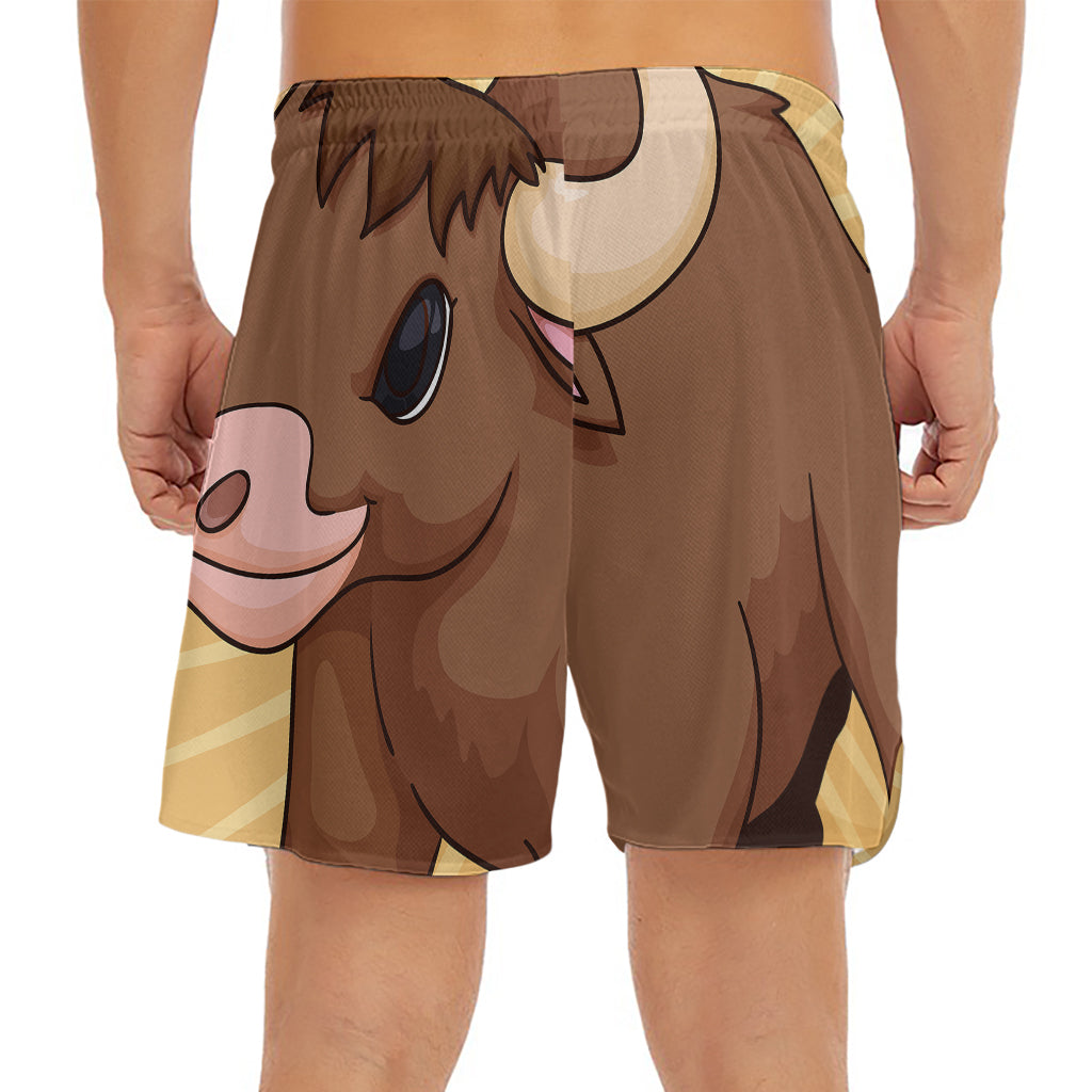 Cute Chinese Ox Zodiac Print Men's Split Running Shorts