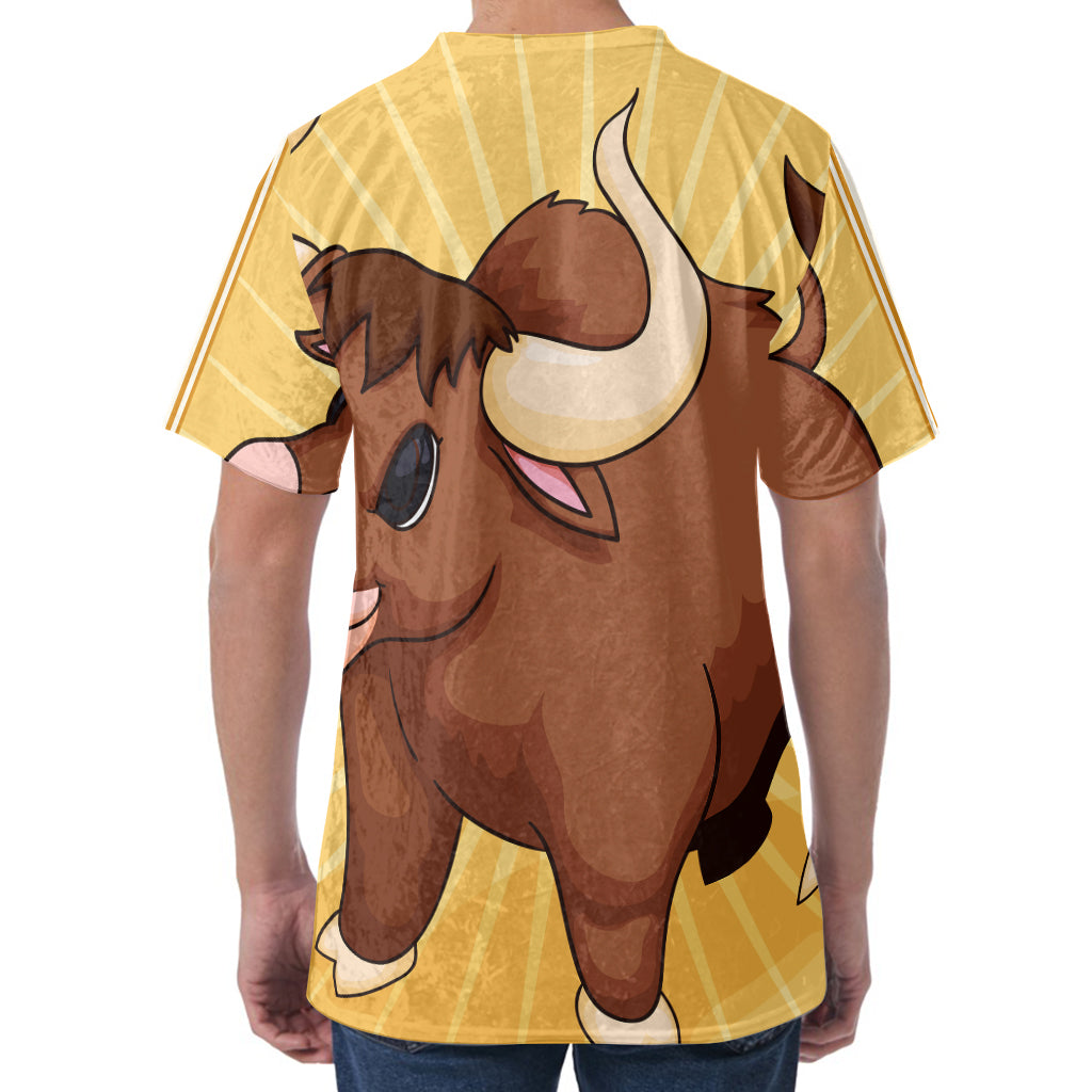 Cute Chinese Ox Zodiac Print Men's Velvet T-Shirt
