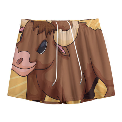 Cute Chinese Ox Zodiac Print Mesh Shorts