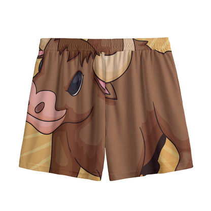 Cute Chinese Ox Zodiac Print Mesh Shorts