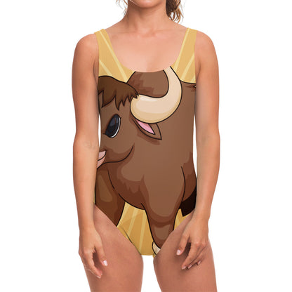 Cute Chinese Ox Zodiac Print One Piece Swimsuit