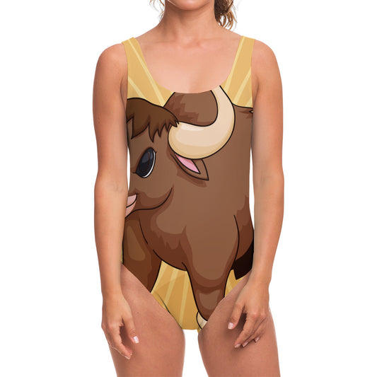 Cute Chinese Ox Zodiac Print One Piece Swimsuit