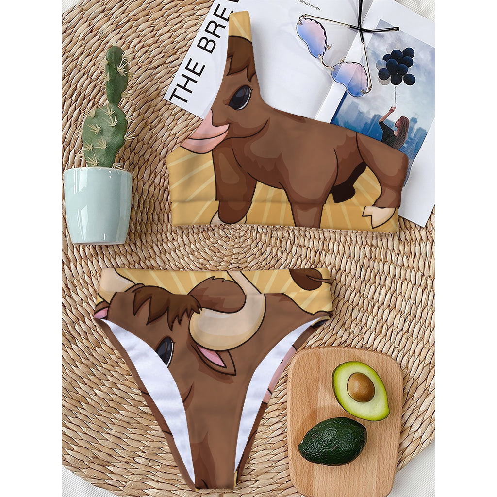 Cute Chinese Ox Zodiac Print One Shoulder Bikini Top