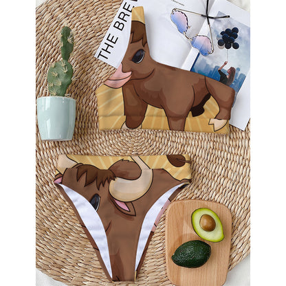 Cute Chinese Ox Zodiac Print One Shoulder Bikini Top