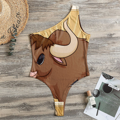 Cute Chinese Ox Zodiac Print One Shoulder Bodysuit