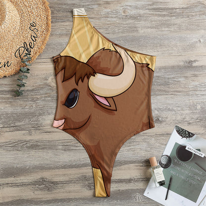 Cute Chinese Ox Zodiac Print One Shoulder Bodysuit