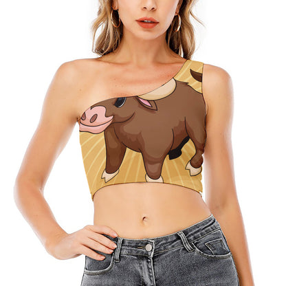 Cute Chinese Ox Zodiac Print One Shoulder Crop Top