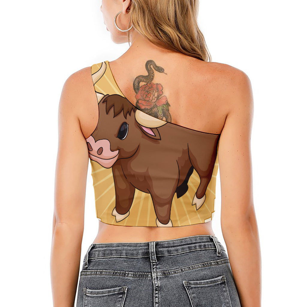 Cute Chinese Ox Zodiac Print One Shoulder Crop Top