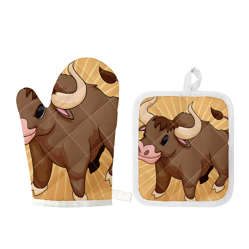 Cute Chinese Ox Zodiac Print Oven Mitt And Pot Holder Set