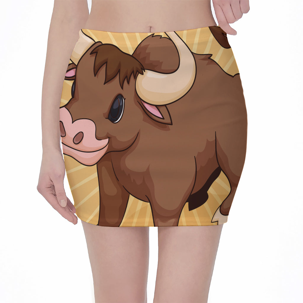 Cute Chinese Ox Zodiac Print Pencil Mini Skirt