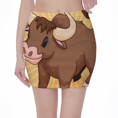Cute Chinese Ox Zodiac Print Pencil Mini Skirt