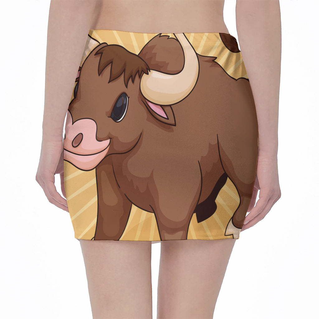 Cute Chinese Ox Zodiac Print Pencil Mini Skirt