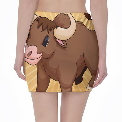 Cute Chinese Ox Zodiac Print Pencil Mini Skirt