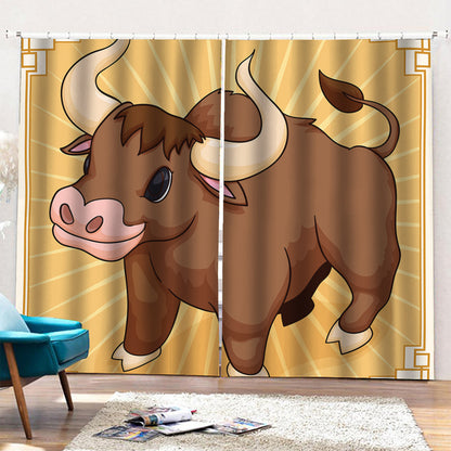 Cute Chinese Ox Zodiac Print Pencil Pleat Curtains