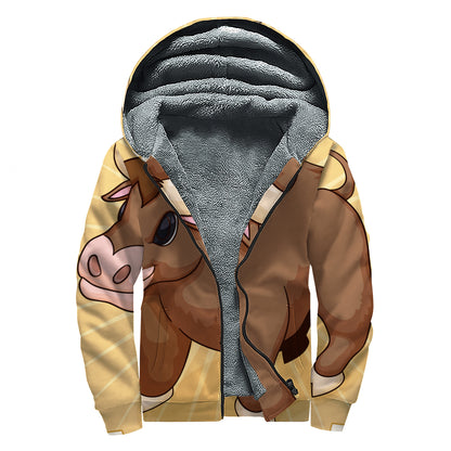 Cute Chinese Ox Zodiac Print Sherpa Lined Zip Up Hoodie