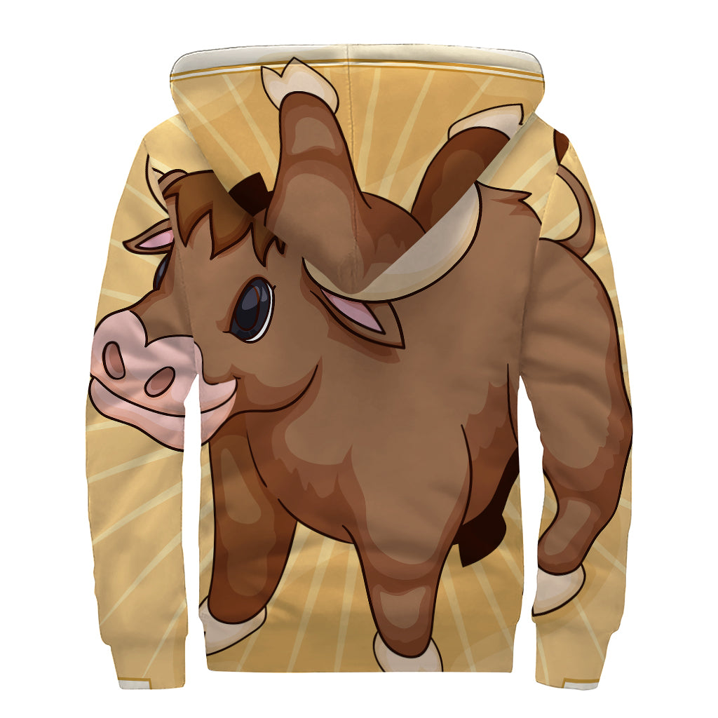 Cute Chinese Ox Zodiac Print Sherpa Lined Zip Up Hoodie