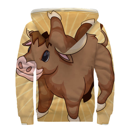 Cute Chinese Ox Zodiac Print Sherpa Lined Zip Up Hoodie