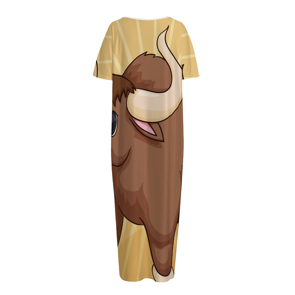 Cute Chinese Ox Zodiac Print Short Sleeve Long Nightdress