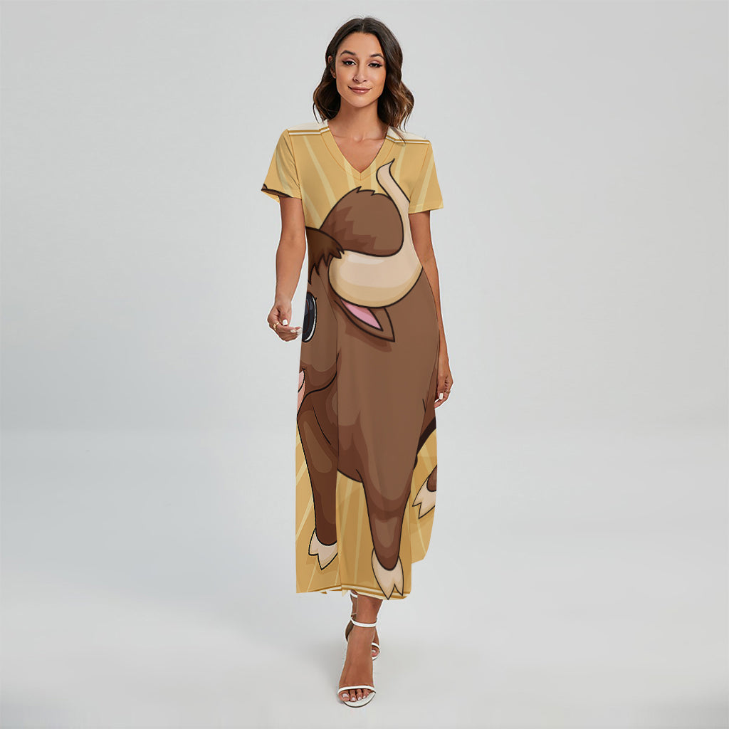 Cute Chinese Ox Zodiac Print Short Sleeve Maxi Dress