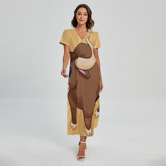 Cute Chinese Ox Zodiac Print Short Sleeve Maxi Dress