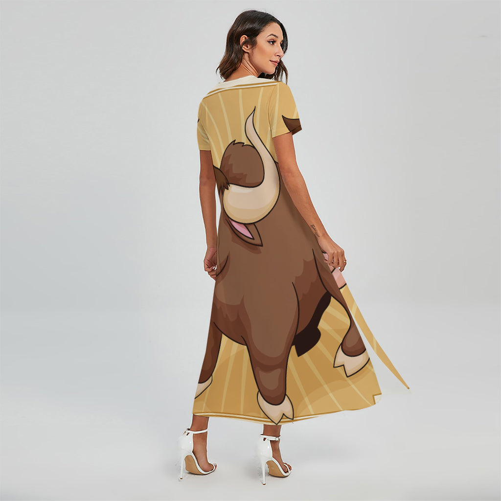 Cute Chinese Ox Zodiac Print Short Sleeve Maxi Dress