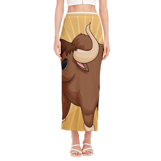 Cute Chinese Ox Zodiac Print Side Slit Maxi Skirt