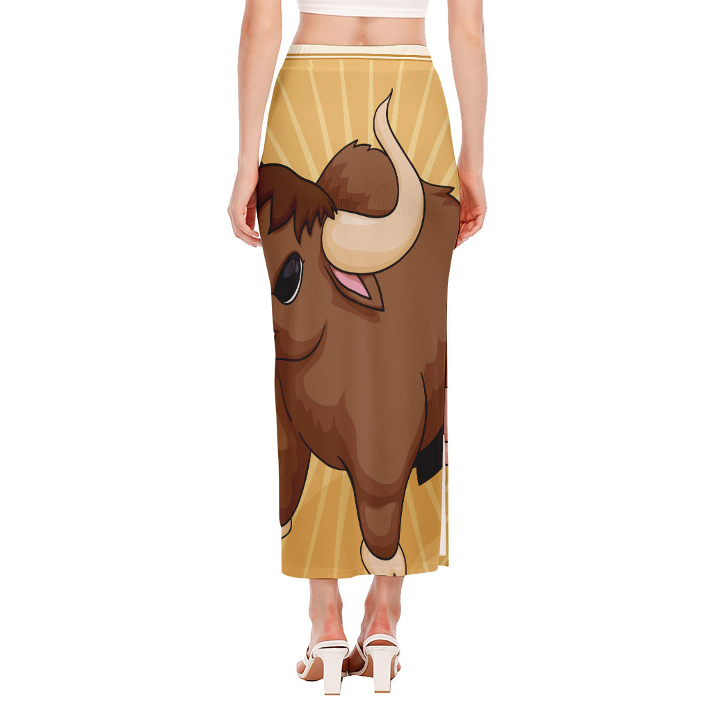 Cute Chinese Ox Zodiac Print Side Slit Maxi Skirt