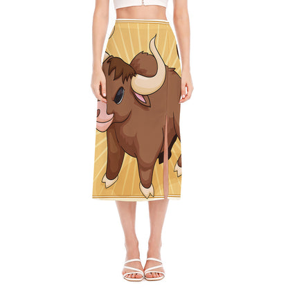 Cute Chinese Ox Zodiac Print Side Slit Midi Skirt