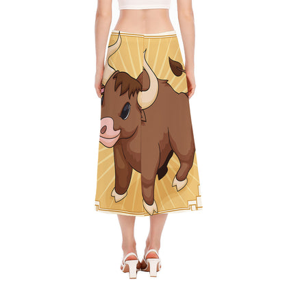Cute Chinese Ox Zodiac Print Side Slit Midi Skirt
