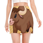 Cute Chinese Ox Zodiac Print Side Slit Mini Skirt