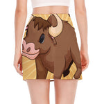 Cute Chinese Ox Zodiac Print Side Slit Mini Skirt