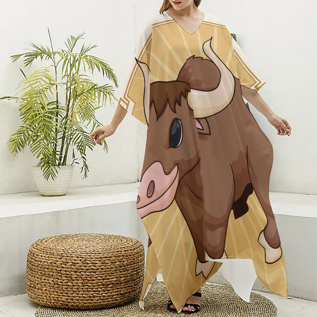 Cute Chinese Ox Zodiac Print Silk V-Neck Kaftan Dress