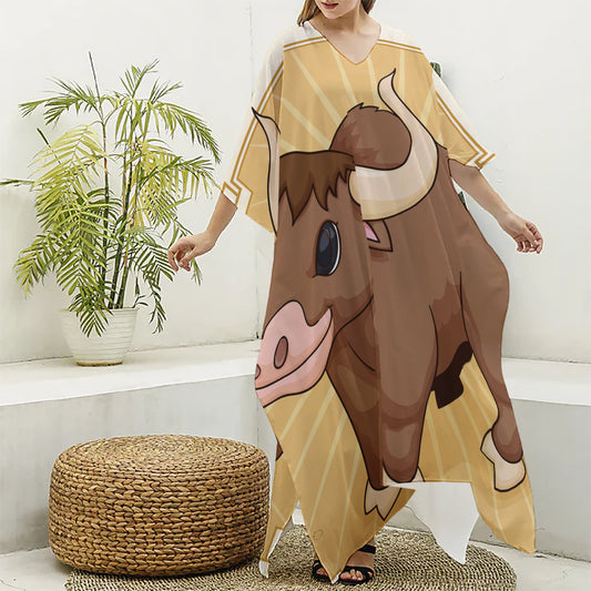 Cute Chinese Ox Zodiac Print Silk V-Neck Kaftan Dress