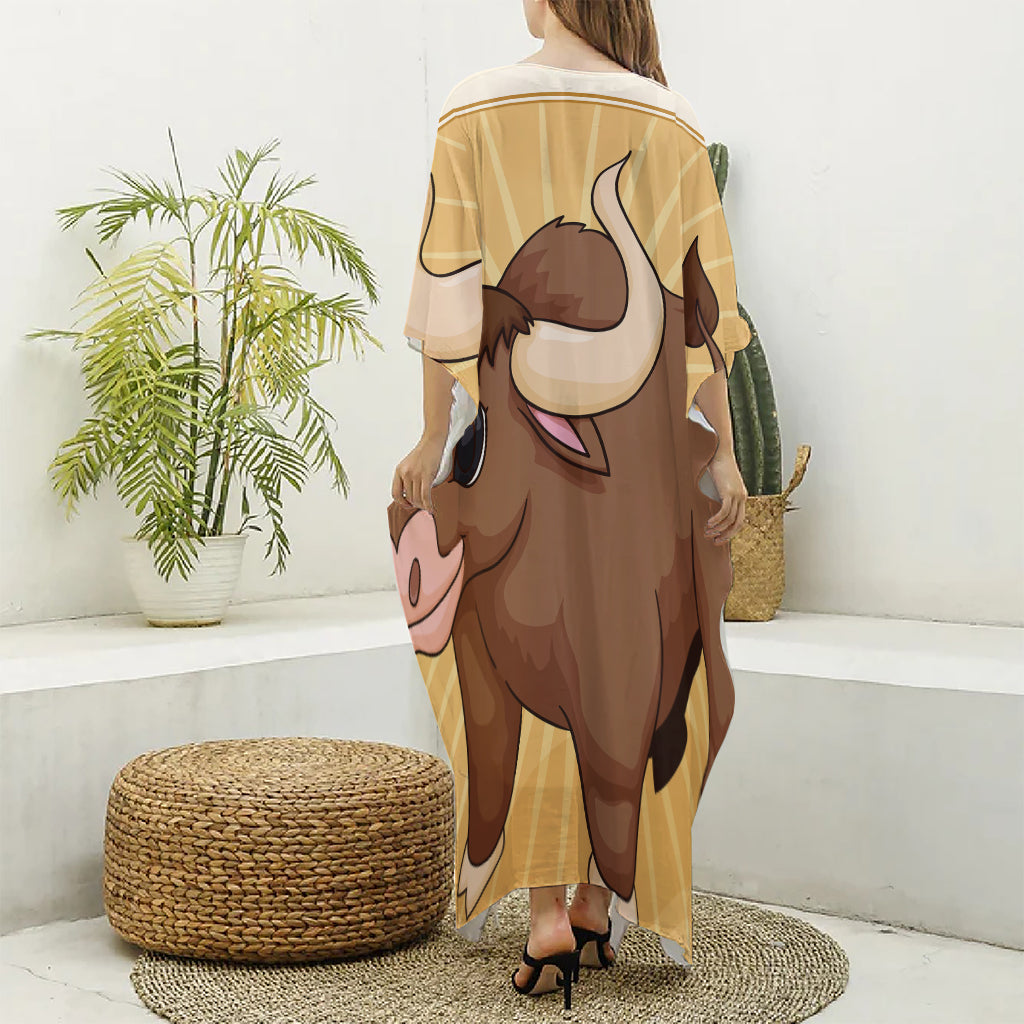 Cute Chinese Ox Zodiac Print Silk V-Neck Kaftan Dress