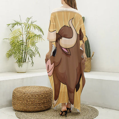 Cute Chinese Ox Zodiac Print Silk V-Neck Kaftan Dress