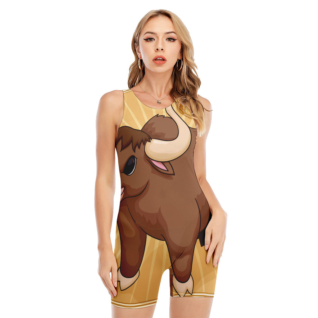 Cute Chinese Ox Zodiac Print Sleeveless One Piece Swimsuit